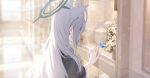  1girl animal_ears anyak05 black_dress black_halo blue_archive commentary_request dress flower from_side grey_hair halo highres indoors long_hair origami paper_crane pixel_art portrait shiroko_terror_(blue_archive) solo sunlight vase white_flower wolf_ears 