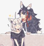  2girls :< animal_ear_fluff animal_ears biting biting_ear black_hair black_shirt black_sweater blue_eyes commentary couch cowlick fox_ears fox_girl highres hololive hood hoodie long_hair multicolored_hair multiple_girls on_couch ookami_mio ookami_mio_(hoodie) pohitashi_(team_tategami) ponytail red_hair shirakami_fubuki shirakami_fubuki_(loungewear) shirt sitting surprised sweater untranslatable_commentary white_background white_hair wolf_ears wolf_girl yellow_eyes 