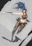  armpits bandolier bare_shoulders blue_hair dutch_angle gloves hair_over_one_eye ian_olympia leona_heidern long_hair midriff navel pants ponytail running sketch solo speed_lines tank_top the_king_of_fighters watermark 