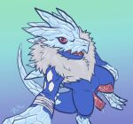2_penises animal_genitalia animal_penis anthro bandai_namco blucomon blue_body cloacal_penis digimon digimon_(species) dragon genitals hemipenes hi_res leaking looking_at_viewer male multi_genitalia multi_penis mythological_creature mythological_scalie mythology open_mouth p.v.su penis pink_eyes scalie solo