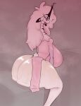anthro arms_down belphegor_(helluva_boss) big_breasts big_butt black_candle breasts butt camelid candle_on_head candlestick confusion demon ears_down eyelashes eyes_closed female fluffy fluffy_tail gandrilyoseff grey_background hair half-closed_eyes heart_symbol hellaverse helluva_boss huge_breasts huge_butt hyper hyper_breasts hyper_butt llama long_eyelashes long_neck mammal multi_eye narrowed_eyes no_pupils open_mouth pink_body pink_hair pink_sclera pivoted_ears question_mark seven_deadly_sins simple_background sitting small_tail solo tail