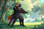absurd_res anthro armor black_armor black_body black_clothing black_fur blush canid canine captainrjoor clothing crossguard day detailed_background digital_media_(artwork) duo fluffy forest fox full-length_portrait fur gambeson gauntlets gloves grass greaves hand_holding handwear hema hi_res holding_melee_weapon holding_object holding_sword holding_weapon hug hugging_another hugging_from_behind lens_flare light longsword male mammal melee_weapon nature nliiz orange_body orange_fur outside plant plate_armor portrait purple_body purple_clothing purple_fur red_fox sabatons shirt smile standing sunlight sword tail topwear training training_sword tree true_fox tunic weapon yellow_eyes