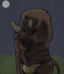animal_genitalia animal_penis anthro armpit_hair armpit_sniffing averagebovinebuddy balls beard blizzard_entertainment body_hair bovid bovine bovine_genitalia bovine_penis brown_body brown_hair dirty_underwear facial_hair genitals hair hairy hi_res horn male mammal moon musk night nude_anthro outside overweight penis plains raised_arm sniffing solo steam tauren warcraft