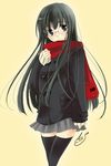  black_eyes black_hair black_legwear copyright_request glasses jacket long_hair miniskirt red_scarf sasaki_akane scarf signature simple_background skirt solo source_request thighhighs 