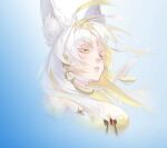  1girl absurdres animal_ear_fluff animal_ears bare_shoulders blonde_hair blue_background breasts colored_eyelashes colored_inner_hair commentary_request cropped_torso forehead_tattoo fox_ears fox_girl hair_intakes hair_ornament highres hsin_(illumining_form)_(wuthering_waves) hsin_(wuthering_waves) large_breasts liang_mu_ashes long_hair looking_up multicolored_hair parted_lips solo tattoo white_eyelashes wuthering_waves yellow_eyes 