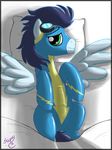  bulge camel_tail clothed clothing equine feral friendship_is_magic horse lying male mammal my_little_pony on_back pegasus penis pillow pony skinsuit skipsy soarin_(mlp) solo tight_clothing wing_boner wings wonderbolts_(mlp) 