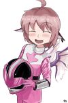  103anon 1girl ^_^ absurdres ahoge animal_ears assault_visor belt bird_ears bird_wings black_belt blush bodysuit chrono_changer closed_eyes commentary cowboy_shot english_commentary facing_viewer feathered_wings gloves happy helmet high_collar highres holding holding_unworn_helmet legs_together mirai_sentai_timeranger multicolored_bodysuit mystia_lorelei open_mouth pink_assault_visor pink_bodysuit pink_hair pink_helmet pink_skirt purple_wings short_hair simple_background skirt smile solo super_sentai time_pink tokusatsu touhou two-tone_bodysuit unworn_headwear unworn_helmet vambraces white_background white_bodysuit wings 