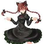  ahoge animal_ears bad_id bad_pixiv_id braid cat_ears dress fingernails frills grin hands kaenbyou_rin looking_at_viewer red_eyes red_hair ribbon s-syogo shaded_face simple_background skirt slit_pupils smile solo touhou twin_braids twintails 