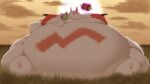 16:9 2025 absurd_res duo feral food fur generation_3_pokemon grass green_hair hair hi_res morbidly_obese nintendo obese outside overweight plant pokemon pokemon_(species) ralts shweetmagnet sitting sunset white_body white_fur widescreen zangoose