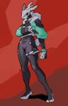 alteredblood ambiguous_gender ammo_belt anthro arm_in_front black_body bracelet claws clothing colored_sketch contiguous_snout cropped_jacket digital_drawing_(artwork) digital_media_(artwork) doubletap facial_piercing gravekeeper_(alteredblood) grey_hair hair hi_res horn jacket jewelry knife machine mouthless piercing plantigrade red_background ring_piercing robot robot_anthro screw shaded short_tail simple_background sketch solo synthetic tail tapering_snout teal_clothing teal_eyes teal_jacket teal_topwear thigh_strap topwear unknown_species white_head white_tail
