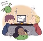  1girl 2016 2boys amuro_ray bindi black_hair blonde_hair blue_jacket brown_hair char's_counterattack char_aznable character_pillow chibi closed_eyes clothing_request commentary_request curly_hair dark-skinned_female dark_skin dated desi double_bun downwards_triangle_mouth dress flying food fruit gundam hair_bun haro indoors jacket kotatsu lalah_sune light_blush lying mandarin_orange multiple_boys oh_syz on_stomach open_mouth orange_peel red_jacket short_hair sleeping smile straight_hair table television translation_request triangle_mouth under_kotatsu under_table yellow_dress 