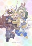  >_< 1boy 1other 3girls absurdres ahoge animal_ear_fluff animal_ears armpit_crease arms_up baggy_pants blonde_hair blonde_streaks blue_helmet blue_pants blue_thighhighs body_fur boots breasts brown_boots brown_fur brown_hair cape capelet carrying carrying_person claws cloak closed_eyes clothes_around_waist collar colored_eyelashes commentary creature creature_on_head dark-skinned_female dark-skinned_male dark_skin dynamic_pose ears_through_headwear extendable_limbs fake_horns falling fangs faputa fluffy_tail furry glasses gloves green_capelet green_eyes green_hair green_helmet green_shirt green_streaks hair_between_eyes hands_on_another's_head helm helmet highres hisatago horizontal_pupils horned_helmet horns hug jacket jacket_around_waist leg_lift long_hair made_in_abyss marking_on_cheek mechanical_arms mechanical_legs meinya_(made_in_abyss) messy_hair metal_collar midair monster_girl multicolored_hair multicolored_pants multiple_girls multiple_tails nanachi_(made_in_abyss) narehate navel open_mouth pants pawpads polka_dot polka_dot_background prushka puffy_pants rabbit_ears raised_eyebrows red_cape red_claws red_cloak red_horns reg_(made_in_abyss) riko_(made_in_abyss) robot_boy sharp_teeth shirt short_eyebrows short_hair signature sleeveless sleeveless_shirt small_breasts smile spaghetti_strap streaked_hair tail teeth thighhighs topless_other upper_teeth_only very_dark_skin waist_bag whiskers whistle whistle_around_neck white_fur white_gloves white_hair yellow_eyes 
