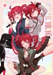  3girls ahoge arm_up back-to-back black_boots black_thighhighs blue_dress boots commentary dated dress drill_hair grey_jacket grey_skirt hair_between_eyes heart highres holding holding_microphone invisible_chair jacket kasane_teto kasane_teto_(sv) kasane_teto_(utau) looking_at_viewer medium_hair microphone multiple_girls number_tattoo red_eyes red_hair sidelocks sitting skirt smile spoken_heart synthesizer_v tattoo teto_day thighhighs twin_drills untranslatable_commentary utau uwa_illust_v16v 