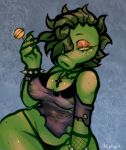 absurd_res anthro armwear black_clothing black_underwear bra bracelet breasts candy cleavage clothed clothing cross cross_necklace dessert electronic_arts elemental_creature eyelashes eyeliner female fishnet_armwear fishnet_clothing flora_fauna food freckled_face freckled_hips freckled_shoulders freckles green_body green_hair h0t-garbage hair hi_res jewelry lollipop makeup necklace panties peablaze_(leafpaw) pearl_bracelet peashooter_(pvz) plant plant_hair plants_vs._zombies popcap_games pseudo_hair shaded signature solo spiked_bracelet spikes thick_thighs topwear torn_clothing torn_topwear underwear yellow_eyes