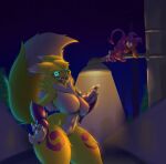 absurd_res alcoholictails anthro bandai_namco bedroom_eyes bite biting_lip black_sclera blue_eyes breasts canid canine claws clothing digimon digimon_(species) dipstick_tail duo fangs featureless_breasts female femboy finger_claws fox fur gesture gloves glowing glowing_eyes green_eyes hand_gesture hand_on_cheek hand_on_hip handwear hi_res imp impmon kerchief looking_at_another looking_at_viewer lying male mammal markings multicolored_body narrowed_eyes navel on_side open_mouth pawpads pointing pointing_at_another purple_body red_clothing red_gloves red_handwear red_kerchief renamon seductive shortstack smile smirk spade_tail tail tail_markings teeth textless thick_thighs toe_claws two_tone_body white_body white_fur white_soles yellow_body yellow_fur