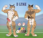 animal_genitalia anthro back_muscles balls barbell_piercing blue_body blue_fur brown_body brown_fur butt countershade_balls countershade_butt countershade_crotch countershade_face countershade_genitalia countershade_neck countershade_torso countershading erection felid feline flexing flexing_bicep football_field front_view fur genital_piercing genitals glans hi_res looking_at_viewer lynx male male_anthro mammal model_sheet muscular muscular_anthro muscular_male nipple_barbell nipple_piercing nipples nude pawpads pecs penis penis_piercing piercing pink_penis prince_albert_piercing rear_view rosemary02 sheath solo tail tan_body tan_fur whisker_spots white_body white_fur yellow_eyes