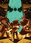  1boy 1girl 1other absurdres androgynous animal_ears antenna_hair armlet armored_boots barefoot boots bracelet buckle cape closed_mouth commentary_request delta_rune_(symbol) deltarune freckles furry furry_female glasses heart heart-shaped_buckle highres holding holding_sword holding_weapon jewelry kris_(dark_world)_(deltarune) kris_(deltarune) long_hair no_eyes open_clothes open_vest pants ralsei reptile_girl round_eyewear scarf shaded_face shirt short_hair spiked_armlet spiked_bracelet spikes standing susie_(dark_world)_(deltarune) susie_(deltarune) sword utdr_(toby_fox) vest watawata22 weapon 
