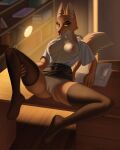 5_fingers absurd_res anthro areola artist_name big_breasts book bookshelf bottomwear breasts canid canine canis clothed clothing colored diane_foxington digital_drawing_(artwork) digital_media_(artwork) dreamworks english_text eyebrow_piercing facial_piercing female fingers fox fur furniture genitals green_eyes hi_res inside lamp legwear looking_at_viewer mammal multicolored_body multicolored_fur narrowed_eyes nipples old_squatter on_table orange_body orange_fur paper partially_clothed partially_clothed_anthro partially_clothed_female piercing pink_areola pink_nipples pink_nose pink_vulva shaded shirt signature sitting sitting_on_table skimpy skirt smile solo stockings table tail text the_bad_guys thick_thighs tight_clothing tongue tongue_out topwear vulva white_body white_fur