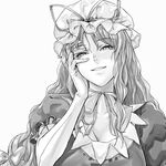 breasts cleavage elbow_gloves face gloves greyscale hand_on_own_face hands hat large_breasts long_hair monochrome shiba_itsuki simple_background smile solo touhou upper_body yakumo_yukari 