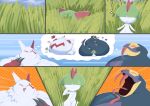 2024 absurd_res anthro belly big_belly comic feral fur generation_3_pokemon grass green_hair group hair hi_res huge_belly nintendo obese obese_anthro overweight overweight_anthro plant pokemon pokemon_(species) ralts seviper shweetmagnet trio white_body white_fur zangoose