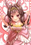  1girl animal_ears blush breasts brown_hair closed_mouth commentary_request dress ear_covers funaya_sakichi gentildonna_(la_dama_perfetta)_(umamusume) gentildonna_(umamusume) gloves gold_tiara highres horse_ears horse_girl jewelry large_breasts leaning_forward long_hair looking_at_viewer necklace official_alternate_costume pearl_necklace pink_dress puffy_short_sleeves puffy_sleeves red_eyes short_sleeves smile solo tiara umamusume white_gloves 