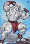 2026 abs absurd_res anthro arm_scar artist_logo belt biceps big_muscles black_claws bottomwear brown_clothing brown_gloves brown_handwear canid canine canis chest_scar claws clothed clothing cloud day edvardiko eye_scar eyebrows facial_scar fist flexing fluffy fluffy_tail forearm_muscles front_view full-length_portrait fur gloves grey_nipples grey_nose hair handwear hi_res huge_muscles leg_scar logo loincloth looking_aside male male_anthro mammal mane mane_hair muscular muscular_male navel nipples outside partially_clothed partially_clothed_male pawpads pecs portrait quads red_bottomwear red_clothing red_loincloth scar scars_all_over serratus shaded sky snaggle_tooth solo standing tail triceps white_body white_eyebrows white_fur wolf wraps wrist_wraps