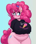 2026 accessory anthro belly big_breasts black_clothing black_shirt black_topwear blue_eyes blush bottomless bottomless_anthro bottomless_female breasts clothed clothing curvy_figure cutie_mark digital_media_(artwork) ear_piercing earth_pony english_text equid equine eyebrows eyelashes female female_anthro friendship_is_magic genitals gradient_background hair hair_accessory hairband hasbro hi_res horse huge_breasts long_hair mammal my_little_pony nipple_outline piercing pink_hair pink_tail pinkie_pie_(mlp) pony replica_(artist) shirt simple_background slightly_chubby slightly_chubby_anthro slightly_chubby_female solo tail text text_on_clothing text_on_shirt text_on_topwear thick_thighs topwear voluptuous vulva wide_hips