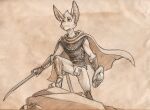 anthro armor balls bat bat_ears bottomless bottomless_anthro bottomless_male buckler cloak clothed clothing danogambler desert_long-eared_bat fur genitals greaves hi_res holding_melee_weapon holding_object holding_weapon humanoid_genitalia humanoid_penis male mammal melee_weapon monochrome penis scale_armor scimitar sepia shield simple_background solo standing sword turo_of_akesh vambrace weapon wingless_bat