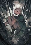  1girl :o absurdres ahoge black_boots boots choudasuan cloak commentary elf english_commentary from_side full_body green_cloak grey_hair grey_shorts grey_thighhighs highres long_sleeves looking_at_viewer mushoku_tensei parted_bangs plant pointy_ears red_eyes short_hair shorts solo sylphiette_(mushoku_tensei) thick_thighs thighhighs thighs vines zettai_ryouiki 