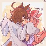  2girls agnes_digital_(umamusume) agnes_tachyon_(umamusume) ahoge animal_ears artist_name blush brown_hair commentary constricted_pupils expressive_tail eye_contact highres holding horse_ears horse_tail kiss long_hair long_sleeves looking_at_another medium_hair multiple_girls oryo_mochappuccino pink_hair pleated_skirt purple_eyes red_eyes school_uniform skirt sleeves_past_fingers sleeves_past_wrists tail tracen_school_uniform umamusume yuri 