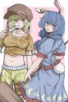  2girls absurdres animal_ears blonde_hair blue_dress blue_hair border breasts brown_hat closed_mouth commentary_request cowboy_shot crescent_print dango dress earclip eating fe_(tetsu) flat_cap floppy_ears food hair_tie hand_up hat highres holding holding_mallet holding_skewer kine long_hair looking_at_viewer low_twintails mallet medium_breasts midriff moon_print multiple_girls navel open_mouth orange_shirt outside_border pink_background puffy_short_sleeves puffy_sleeves rabbit_ears rabbit_girl red_eyes ringo_(touhou) seiran_(touhou) shirt short_hair short_sleeves shorts simple_background skewer standing star_(symbol) star_print striped_clothes striped_shorts teeth touhou twintails upper_teeth_only vertical-striped_clothes vertical-striped_shorts wagashi white_border yellow_shorts 