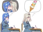  2girls blue_dress blue_hair blue_ribbon closed_eyes closed_mouth dress food grey_hair hair_intakes heart highres holding holding_pen howa_kurea howa_kurea_(civilian) ice_cream ice_cream_cone imagining kiss long_hair meitantei_precure! meme moria_luluka moria_luluka_(civilian) multiple_girls neck_ribbon pen precure purple_eyes ribbon school_uniform she_versus_he_thought_bubble_(meme) simple_background speech_bubble thought_bubble vg20_96 white_background yellow_eyes yuri 