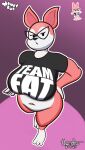 absurd_res anthro beady_eyes belly big_breasts bottomless breasts clothed clothing eyewear female fur glasses glistening glistening_eyes hand_on_hip hand_on_leg hare hi_res honeybud huge_breasts jacklyn_(honeybud) lagomorph leporid looking_at_viewer mammal open_mouth paws pink_arms pink_legs pixile_studios print_clothing print_shirt print_t-shirt print_topwear rabbit reference_image shirt solo super_animal_royale t-shirt topwear white_belly white_body white_fur white_paws