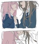  2girls anselm0atch bang_dream! bang_dream!_our_notes black_necktie blue_cardigan brown_hair cardigan collared_shirt commentary grin izumi_houka kiss kotohira_nagi long_hair minase_school_uniform multiple_girls necktie pink_hair school_uniform shirt smile white_shirt yuri 
