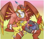 agumon agumon_(2006_anime) anal anal_penetration anthro avian bandai_namco beak black_body bodily_fluids claws cloacal_penis digimon digimon_(species) falcomon_(2006_anime) feathers garudamon genital_fluids genitals green_eyes group group_sex hi_res leaking licking male markings mask open_beak open_mouth oral p.v.su penetration penile penis penis_lick precum red_body scalie seminal_groove sex sulcus sulcus_spermaticus tongue trio wings yellow_body