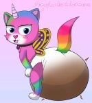 2025 absurd_res anthro big_diaper blue_eyes blush chimera choker clean_diaper clothed clothing dialogue diaper diaper_only domestic_cat english_text feces felicity_(rainbow_butterfly_unicorn_kitty) felid feline felis female fur gradient_background hi_res horn huge_diaper insect_wings jewelry lepidopteran_wings looking_at_viewer looking_back looking_back_at_viewer mammal merrit_(artist) multicolored_body multicolored_fur multicolored_tail necklace open_mouth pink_nose pooping rainbow_body rainbow_butterfly_unicorn_kitty rainbow_fur rainbow_tail simple_background soiled_diaper soiling soiling_diaper solo tail text topless unclean_diaper unicorn_horn used_diaper using_diaper wearing_diaper wings