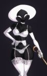 absurd_res anthro armwear arthropod black_body blush bra breasts clothing digital_drawing_(artwork) digital_media_(artwork) elbow_gloves female garter_belt garter_straps gloves hand_on_hip handwear hi_res holding_object holding_weapon hollow_knight:_silksong hollow_knight_(franchise) lace_(hollow_knight:_silksong) lace_bra lace_panties lace_stockings legwear lingerie looking_at_viewer narrowed_eyes panties pose simple_background smile solo spacemaxmarine standing team_cherry thigh_highs underwear weapon white_bra white_clothing white_panties white_underwear
