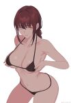  1girl areola_slip bikini black_bikini breasts chainsaw_man commentary grabbing_own_breast highres large_breasts long_hair looking_at_viewer makima_(chainsaw_man) navel pcharlesart red_hair simple_background solo stomach swimsuit thighs white_background yellow_eyes 