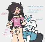 2026 anthro astrik_(asterisks_nsfw) balls blue_blush blush clothing collar duo ejaculation english_text genitals gynomorph hair handjob handjob_from_behind hi_res human human_on_anthro humanoid_genitalia humanoid_penis intersex interspecies lagomorph leporid mammal onomatopoeia open_mouth penile penis pet_praise ponytail praise pubes rabbit sex shirt short_tail sound_effects tail text topwear trans_(lore) trans_woman_(lore) weirdenned