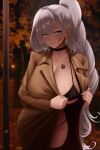  1girl absurdres alternate_breast_size_(larger) aqua_eyes asymmetrical_hair autumn_leaves averting_eyes bikini black_bikini black_choker blacked_female blurry blurry_background blush breast_tattoo breasts bright_pupils brown_coat choker closed_mouth coat collarbone commentary cowboy_shot earrings english_commentary exhibitionism grey_hair highres hololive hololive_indonesia huge_breasts jewelry kud4rt leaf long_hair micro_bikini night opening_own_clothes outdoors pavolia_reine ponytail public_indecency queen_of_spades_symbol race_fetishism race_fetishism_symbol signature skindentation solo spade_(shape) spade_tattoo swimsuit tattoo tree trench_coat very_long_hair virtual_youtuber white_pupils 
