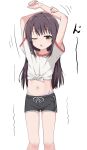  1girl arms_up black_hair black_shorts blue_panties brown_eyes commentary_request feet_out_of_frame groin hair_ornament hairclip highres long_hair navel original panties panties_under_shorts shirt short_shorts short_sleeves shorts simple_background solo stretching takasuma_hiro tied_shirt underwear very_long_hair white_background white_shirt 