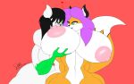 16:10 anthro big_breasts black_hair breasts brown_eyes canid canine duo female fox generation_3_pokemon green_eyes hair huge_breasts male male/female mammal muscular muscular_male nintendo nipples orange_body pink_nipples pokemon pokemon_(species) purple_hair riku9797 riku_(riku9797) white_body widescreen zangoose