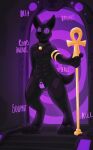 ankh anthro anubian_jackal anubis canid canine canis clothing deity detailed_background drone egyptian_mythology glistening glistening_body gooeyblueboye hi_res jackal latex latex_clothing latex_skinsuit male mammal middle_eastern_mythology muscular muscular_male mythology null_bulge skinsuit solo spiral spiral_eyes staff tight_clothing