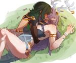  2girls absurdres antlers armpit_crease bare_legs blue_dress bracelet breasts commentary dress english_commentary genshin_impact grass green_hair highres horns jewelry kiss large_breasts lauma_(genshin_impact) long_hair medium_hair multiple_girls nefer_(genshin_impact) outdoors pointy_ears purple_hair skebooby yuri 
