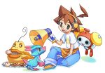  1boy ahoge alarm_clock apron bandaid bandaid_on_face bandaid_on_nose between_legs black_eyes blue_pants brown_hair clock closed_mouth commentary_request cookie creature donut eating food food_in_mouth food_wrapper gepoo gloves half-closed_eyes hand_between_own_legs headphones holding holding_megaphone looking_at_another looking_to_the_side megaphone open_mouth orange_apron orange_shoes otoya_(otodamaster) pants rock_(otodamaster) shirt shoes short_sleeves simple_background sitting smile sneakers steamed_bun thumbprint_cookie tickle_(otodamaster) torn_clothes torn_pants waist_apron white_background white_gloves white_shirt yuru4u zettai_onkan_otodamaster 