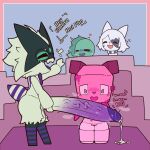 1:1 absurd_res anthro balls big_penis blocky_body blush blush_lines bodily_fluids body_blush bow_tie chibi covering covering_crotch covering_penis cum dialogue duo eyewear felid feline female fur fur_markings generation_9_pokemon genital_fluids genitals gesture glans glasses green_body green_fur greeting group hi_res hiding hiding_behind_object holding_penis huge_penis humanoid_genitalia humanoid_penis hybrid hyper hyper_genitalia hyper_penis lagomorph leaking leaking_precum leporid male mammal markings meowscarada nintendo open_mouth penis pholi pokemon pokemon_(species) precum prixxm_(prixxm_panda) prixxm_panda purple_penis rabbit round_glasses scarf small_but_hung smile smiling_at_another steam steaming steamy_penis stefan_(stefan_bestus) swirly_eye tail tail_markings throbbing throbbing_penis twitching umbra_(defunctumbra) vulva vulva_blush waving white_body white_fur