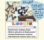 anthro canid canine canis chest_tuft comic computer computer_keyboard computer_mouse coyote dialogue domestic_cat duo electronics felid feline felis google hi_res looney_tunes male mammal platimingo-art search_engine sign sylvester_(looney_tunes) tuft warner_brothers wile_e._coyote