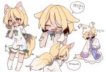  1girl :3 animal_ear_fluff animal_ears animal_hat arm_behind_back bent_over blonde_hair blush closed_mouth commentary contrapposto cosplay crying dot_nose dress fang fox_ears fox_girl fox_tail frown green_ribbon hair_between_eyes hand_up hands_up hat highres korean_text kudamaki_tsukasa long_hair_between_eyes looking_at_viewer looking_back magg_(user_mtca8588) medium_hair mob_cap multiple_views no_pupils open_mouth pigeon-toed pom_pom_(clothes) raised_inner_eyebrows ribbon romper short_sleeves simple_background sleeve_ribbon sleeves_past_fingers sleeves_past_wrists slit_pupils smile socks solo_focus split_mouth standing tail tears touhou translation_request white_background white_dress white_hat white_romper white_socks yakumo_ran yakumo_ran_(cosplay) yellow_eyes 
