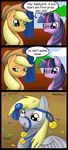  amber_eyes animal_ears applejack_(mlp) blonde_hair derpy_hooves_(mlp) dialogue english_text equine female friendship_is_magic green_eyes hair horn horse kyuubidreams my_little_pony pegasus pony purple_eyes twilight_sparkle_(mlp) two_tone_hair unicorn wings 