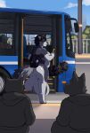 absurd_res ambiguous_gender animal_genitalia animal_penis anthro background_character backpack backpack_only backsack ball_tuft balls balls_on_ground barefoot being_watched belly big_balls big_belly big_breasts big_butt big_penis black_hair black_sclera blue_eyes blue_eyeshadow bottomless breasts bus bus_stop butt canid canine canis casual_erection casual_exposure casual_nudity chest_tuft claws clothed clothing commercial_vehicle day equine_genitalia equine_penis erection eyeshadow feet flared_penis fluffy fluffy_tail fur genitals grey_body grey_fur grey_penis group gynomorph hair hi_res huge_balls huge_penis hyper hyper_balls hyper_genitalia hyper_penis intersex intersex_(lore) lilithdog looking_at_another looking_into_the_distance makeup mammal medial_ring mismatched_genitalia mismatched_penis mottled mottled_genitalia mottled_penis only_one_nude outside overweight overweight_intersex paws penis perineum pubes public public_nudity public_transportation saggy_balls solo_focus spots street tail tuft vehicle white_body white_fur wolf zairuz